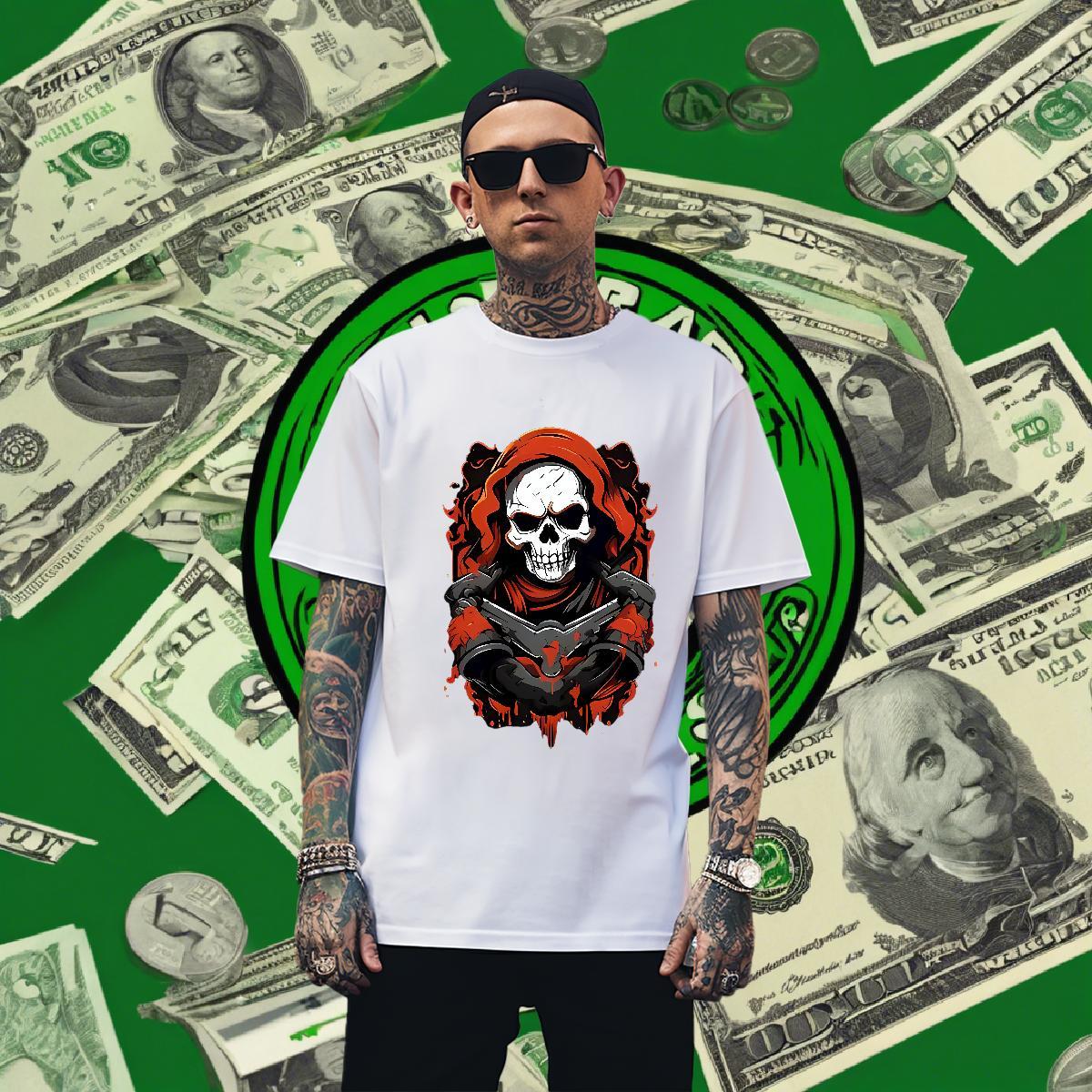 Classic Mens T Shirts 230g Pure Cotton skull Hip Hop Anime Print O-Neck Short Sleeve Men Clothes T-Shirt Fashion New Tshirts
