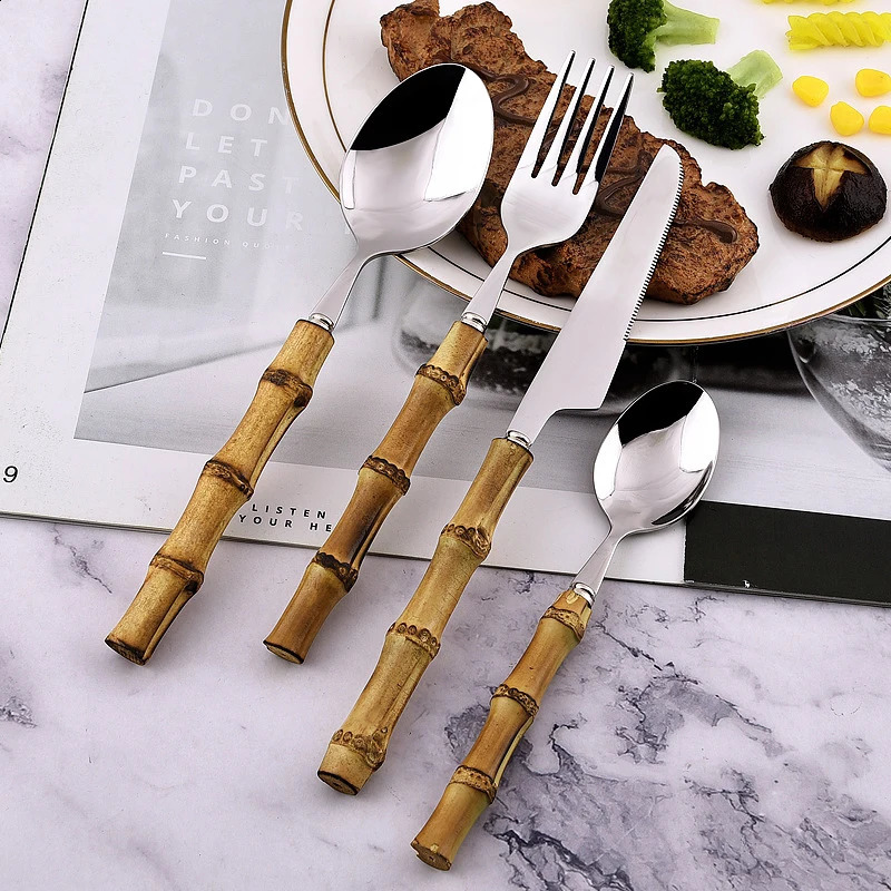 24 piece bamboo tableware set with stainless steel natural handle vintage cutlery knife table fork spoon dessert gift 240826