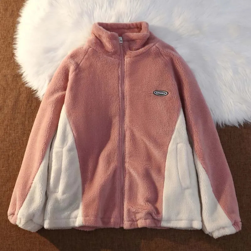 Autumn and Winter Oversized Thick Warm Contrast Color Lambwool Jacket Long Sleeve Loose Casual Faux Fur Coat Men Q03 240826