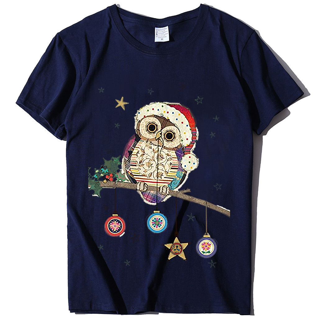 Short T-shirt for women, European size owl print T-shirt, round neck Christmas short sleeved shirt dongdumaoyi