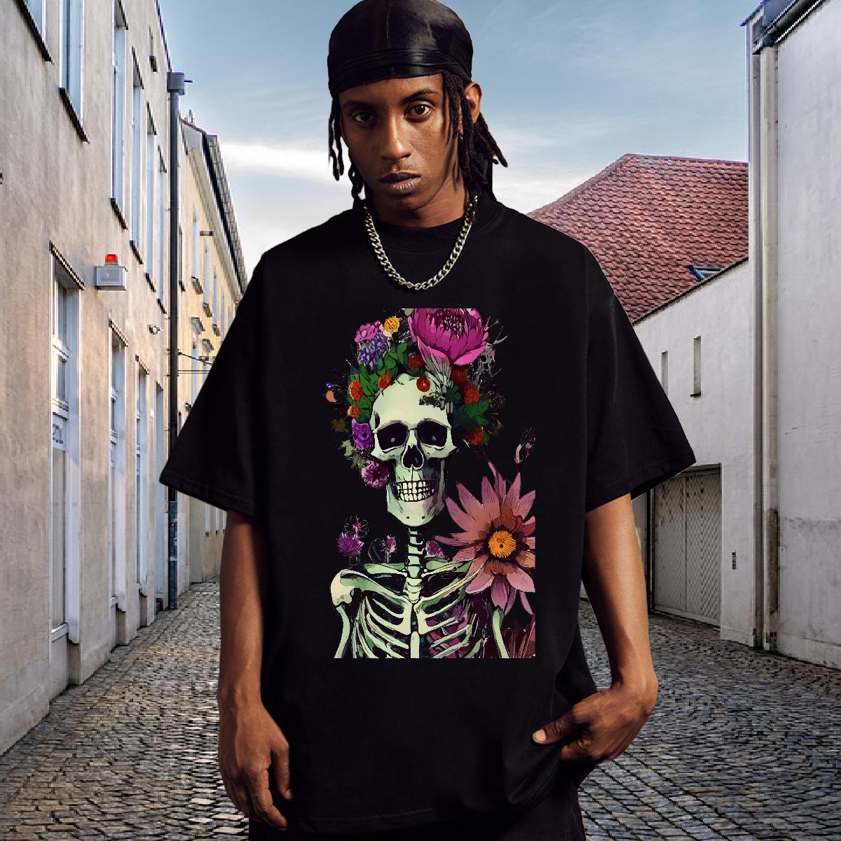 Loose T shirt 230g Cotton skull Anime Printing Street Customized Print Crew Neck Breathable Men Clothes T-Shirt 2024 New Tops