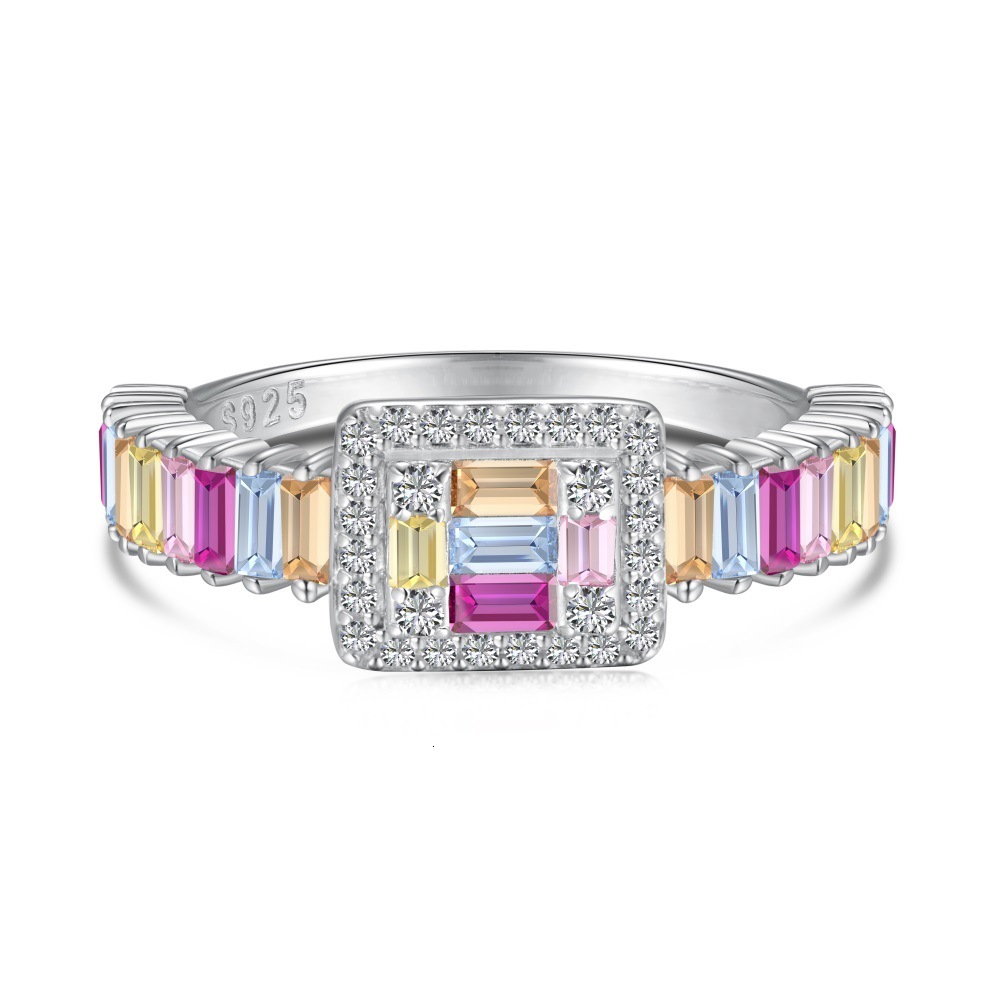 Korean version of new S pure sier closing ring with geometric shape, colored zircon, fashionable and versatile design for women's rings