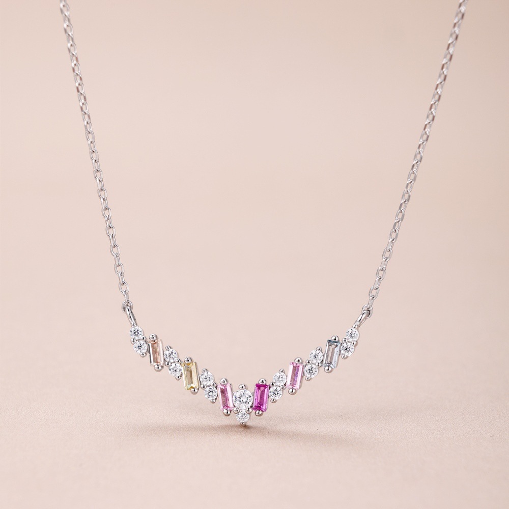 Japanese and Korean Light Series S Pure Sier collarbone Chain V-shaped Full Zircon Colorful Design Feeling Women's Necklace Batch