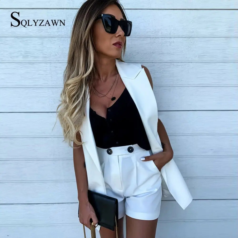 Fashion Women Two Piece Set Suit Coat and Shorts Set Solid Color Vest Coat Single Button Sleeveless Blazers with Shorts Suit 240826