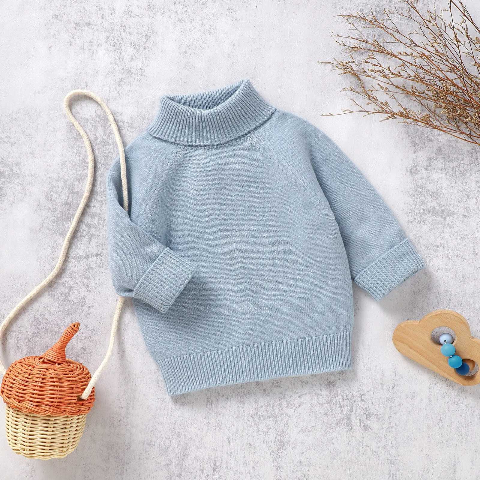 Baby sweater casual boys and girls solid knit cable turtle neck soft and warm baby high neck childrens pullerW240824