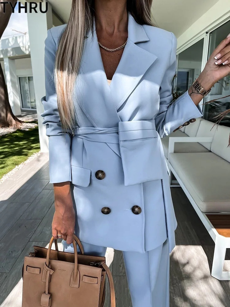 TYHRU Women office Pant Suit Double breasted Full Sleeve Blazers JacketWide leg Pant Two Pieces Set Lady Outfits Work Clothes 240826