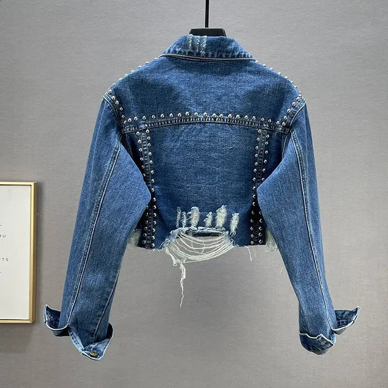 Spring and Fall Fashion for Women Heavy Industry Rivet Diamond Setting Denim Jacket Grinding Broken Beaded Denim Jacket Y2k 241223