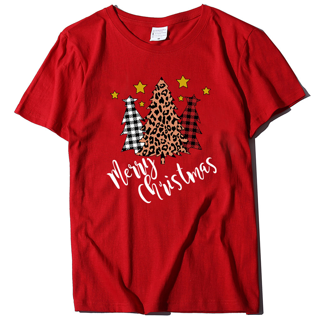 Autumn round neck cotton short sleeved three pine tree printed women's loose T-shirt fashionable casual style dongdumaoyi