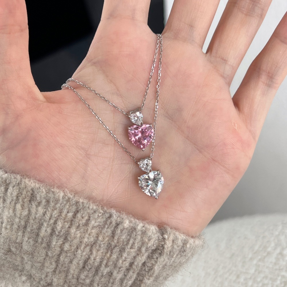 New S pure light high-end heart-shaped princess pink diamond droplet pear shaped colored zircon sier jewelry
