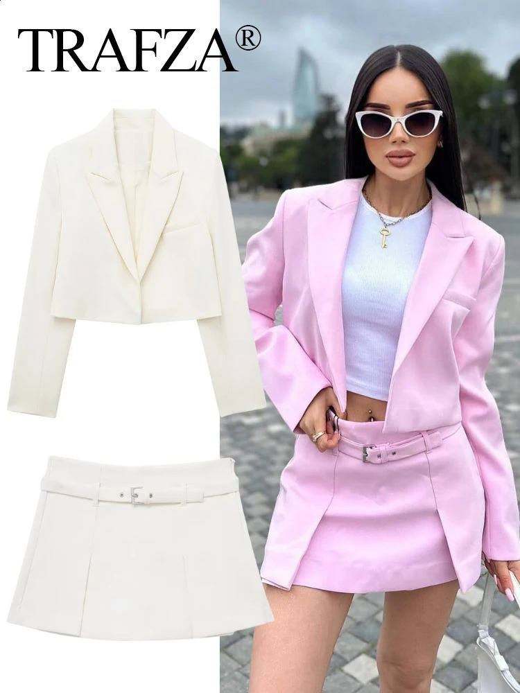 TRAFZA Women Casual Blazer Skirt Set Solid Thin Long Sleeve TopZipper Belt Fold Mini Skirt Shorts Office Lady 2 Piece Sets 240826