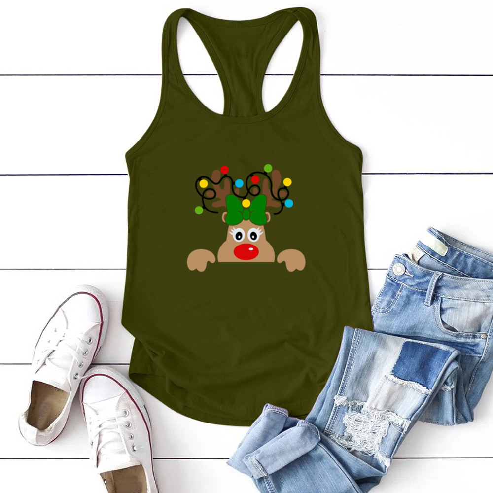 Christmas style sports vest with a smile and deer print, women's loose plus size bodybuilding top dongdumaoyi