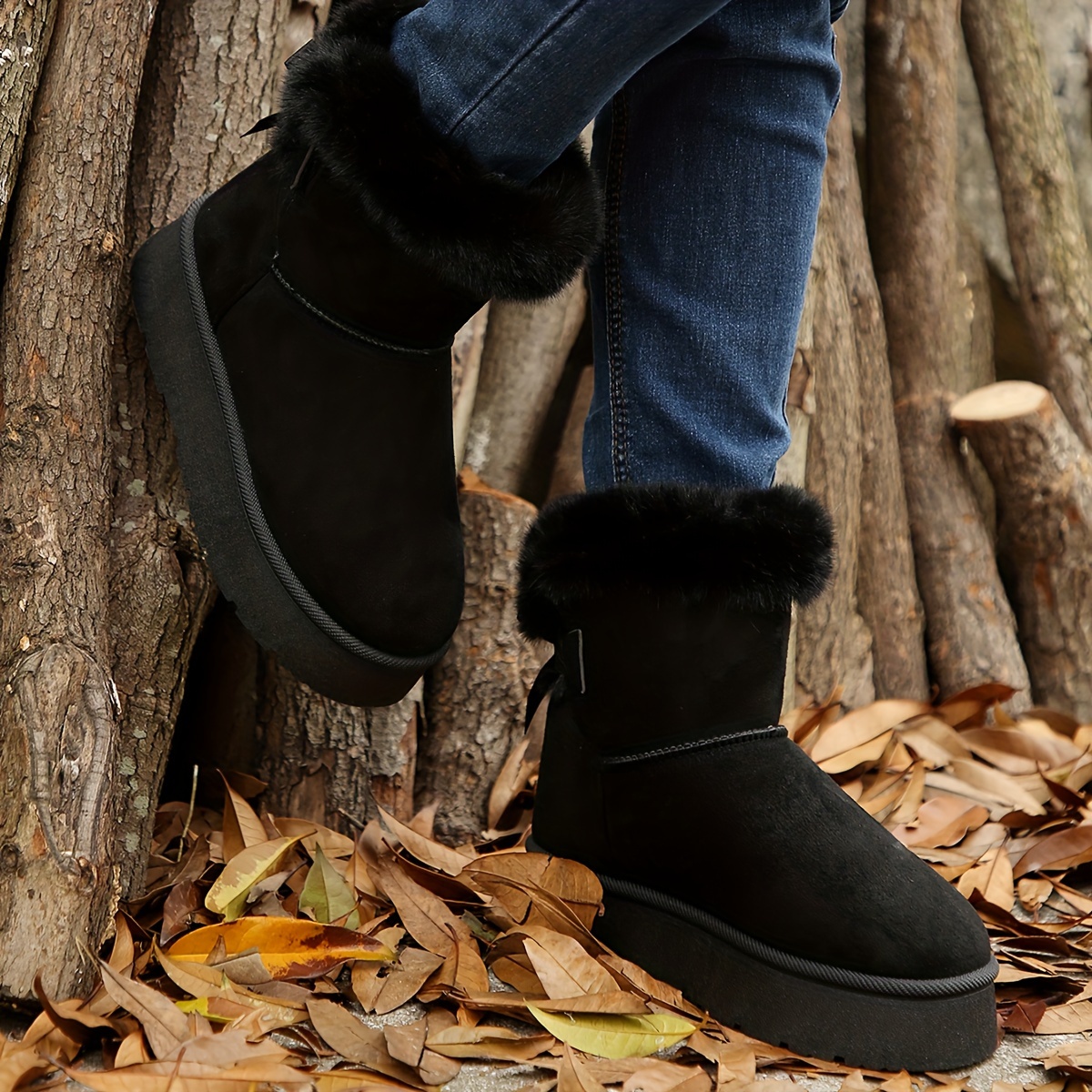 Womens Solid Color Platform Snow Boots Hook and Loop Fastener, Plush Fabric Lined, Comfortable Flat Heel, Round Toe, PVC Sole, Perfect for Casual Wint