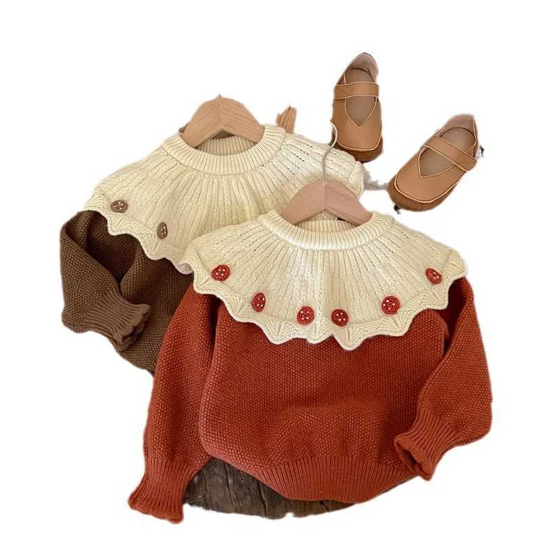 Girls Sweater 2024 Autumn/Winter Korean Edition Fashion Ruffle Collar Childrens Girls Retro Knitted Splicing Thick Baby Girls TopW240824