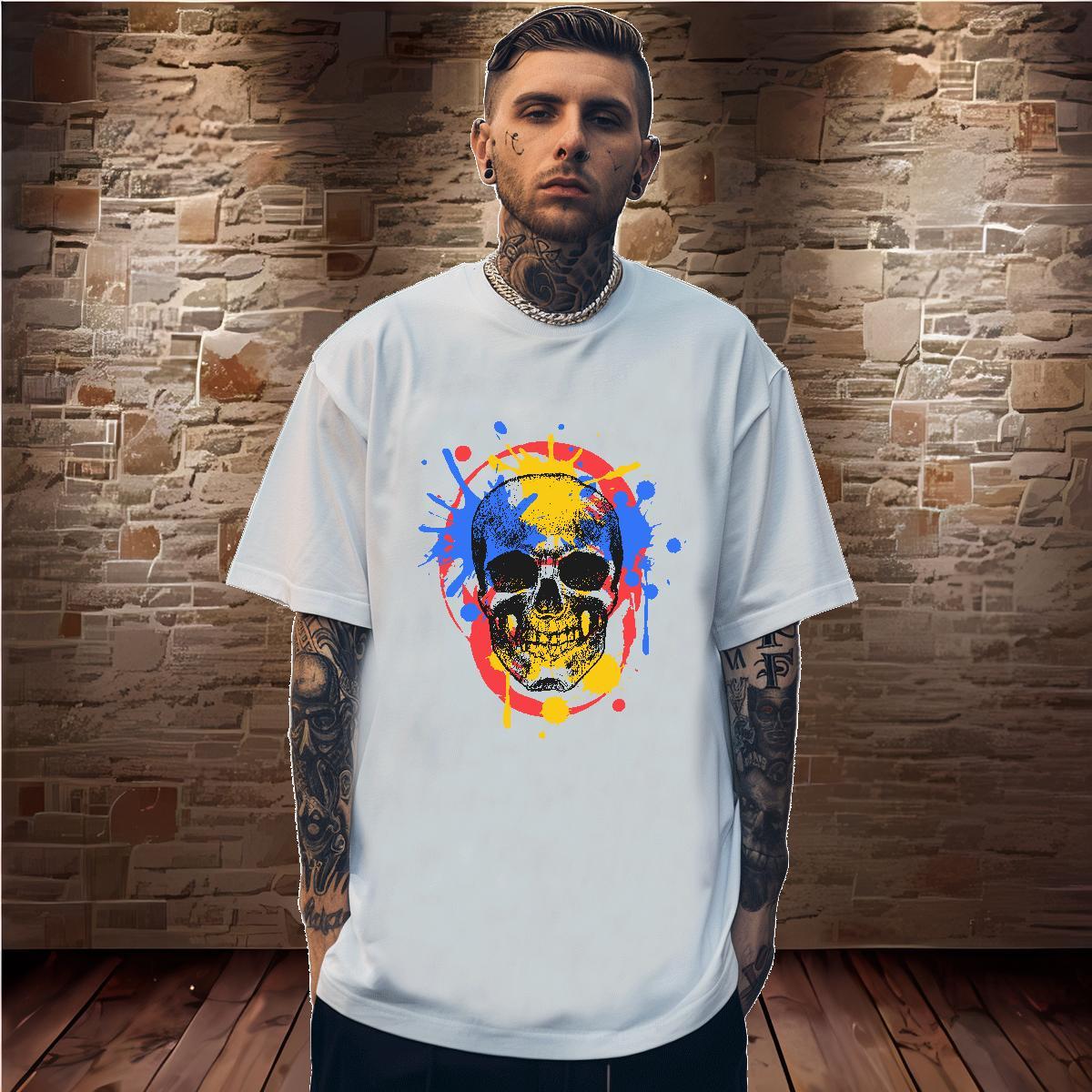 Unisex Mens T Shirts 230g Pure Cotton skull Sport Plus Size Custom Round Neck Short Sleeve Men Tshirts 2024 Summer Clothings