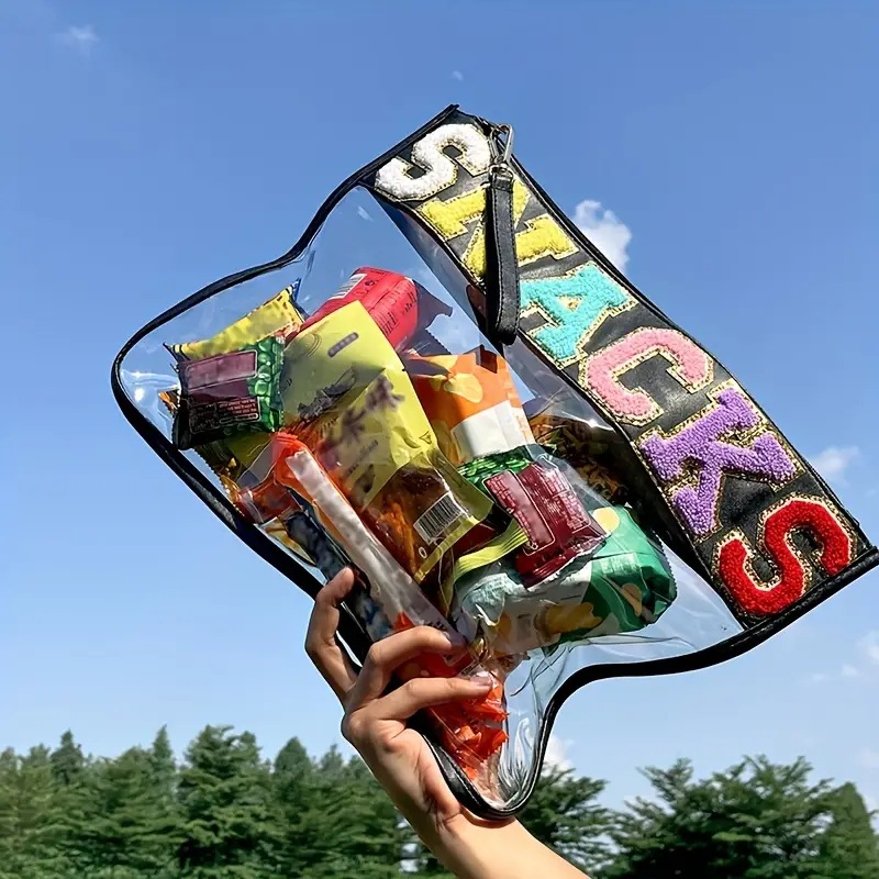 Alphabet Patched Pvc Bag, Stylish Snack Storage Bag, Transparent Zippered Travel Cosmetic Pouch