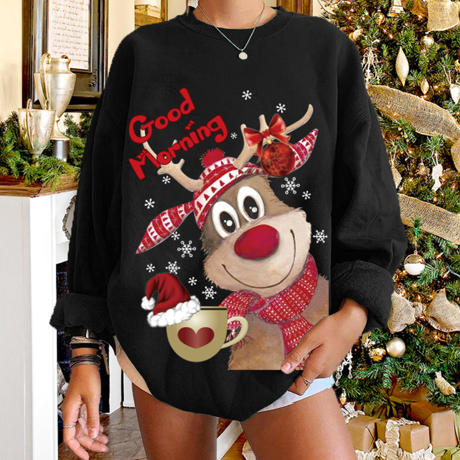 Good Morning ins Wind Elk Print Shoulder Drop Large Round Neck Fleece Sweater Women's dongdumaoyi