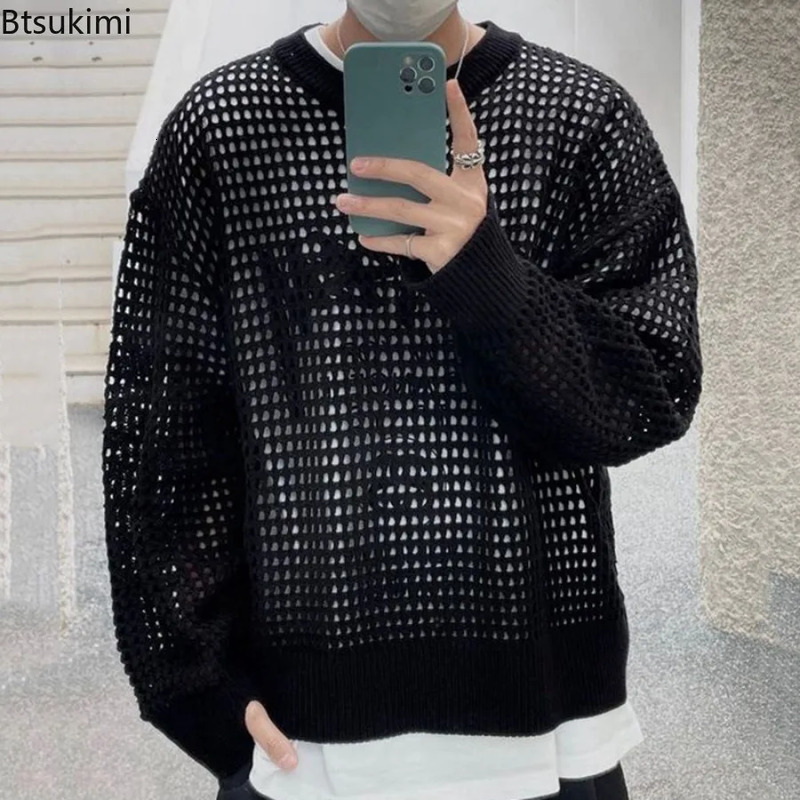 Mens Long Sleeve Knitted Top Sweater with Hollow Out Fishnet Style Retro Casual 240824