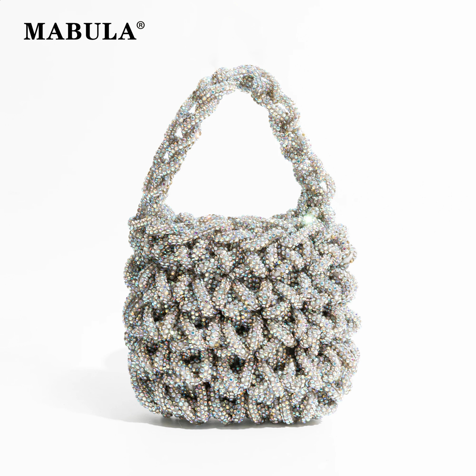 MABULA Rhinestone Bling Tote Handbag For Woman Diamond Shine Evening Party Top Handle Purse Small Fashion Ladies Bucket Bag 240826