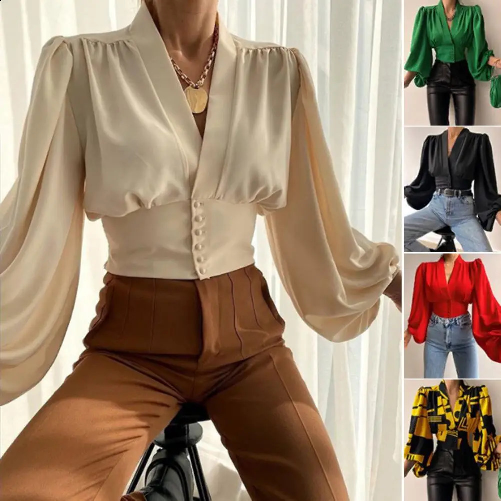 Fashion Women Shirt V-neck Slim Buttons Tight Shrinkable Cuffs Cropped Shirt Lantern Long Sleeve Flower Print Blouse 240814