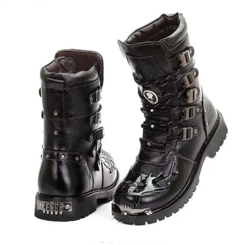 Men Motorcycle Boots Fashion Mid-Calf Punk Rock Punk PU Leather Black High Top Mens Casual Boot Steel Toe Shoes Big Size 38-46 240819