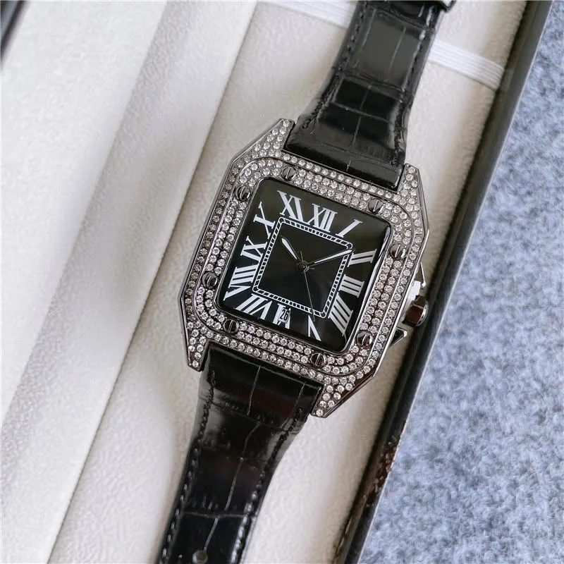 Fashion Brand Watches Men Square Crystal Style High Quality Leather Strap Wrist Watch CA56