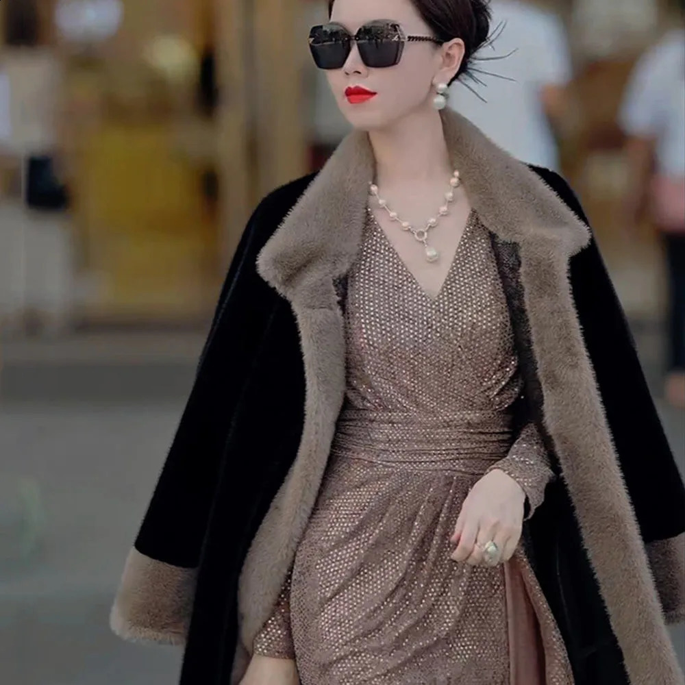 Elegant faux mink coat womens winter long jacket for middleaged and elderly mothers cashmere warm park black 240824