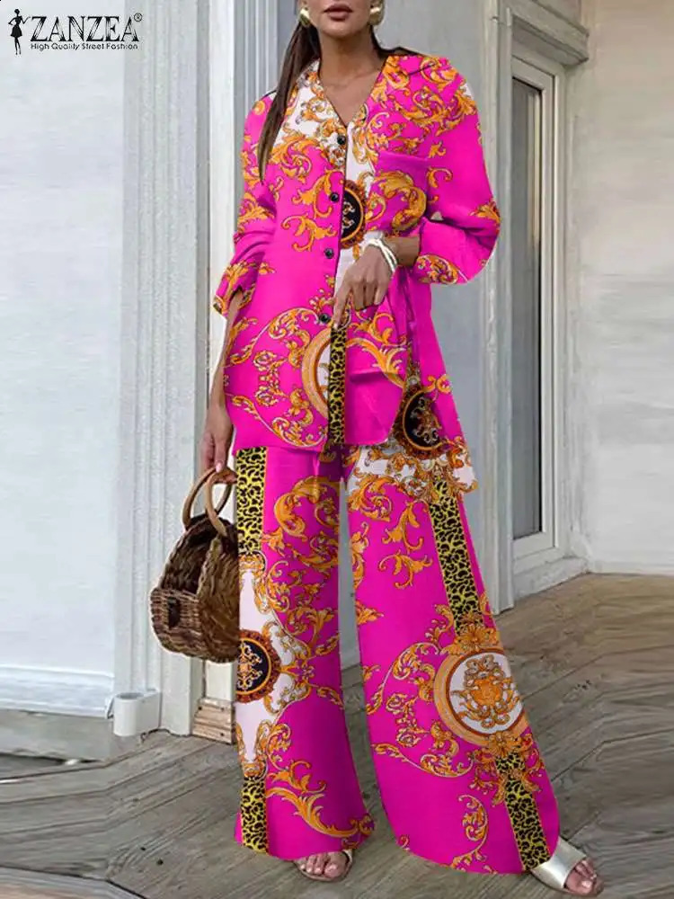 ZANZEA Casual Loose 2pcs Pantsuits Women Vintage Printing Side Slit Long Shirt Outfits Commtuing Wide Leg Trouser Pant Sets 240826