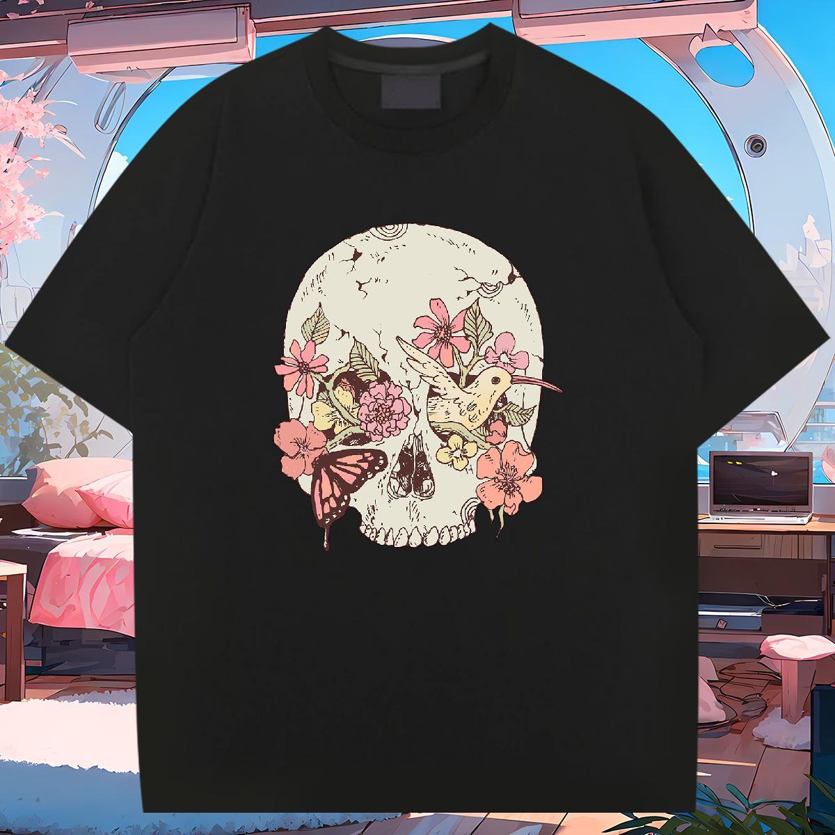 Unisex T shirt 230g Pure Cotton skull High Street Hip Hop DIY Short Sleeve O-Neck Men Tshirts Classic Tees Shirts