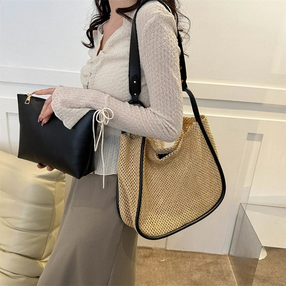 Women Fashion Beach Tote Bag Soft PU Leather Woven Shoulder Hollow Out Composite Large Capacity with Wallet Shopping 240826
