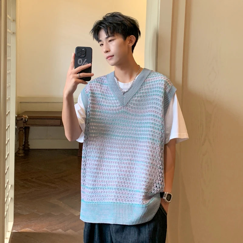 Sweater Vest Men Japanese Style Retro Couples All-match Thin Summer Fashion Loose V-neck Male Clothing Basic High Street Gothic 240824