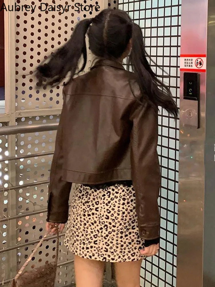Cropped Leather Jacket Women Korean Y2K Streetwear Black Leather Moto Jacket Chic Thin Loose Casual Highstreet Short Coat 240824