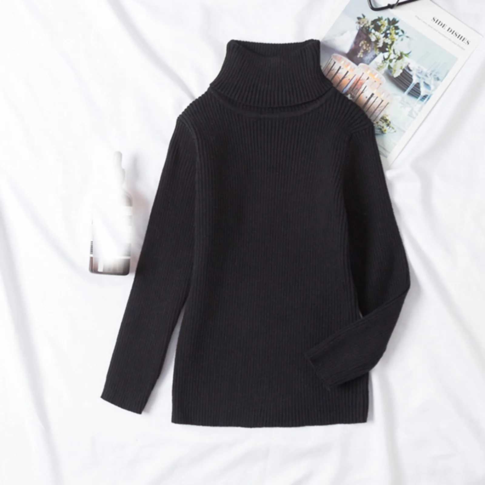 Childrens solid color knitted bottom sweater with floral pattern childrens clothing for autumn and winter new baby boys and girls turtle neck sweaterW