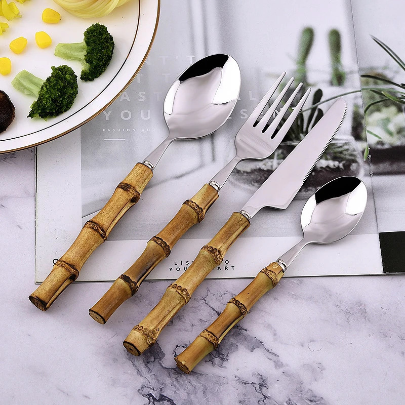 24 piece bamboo tableware set with stainless steel natural handle vintage cutlery knife table fork spoon dessert gift 240826