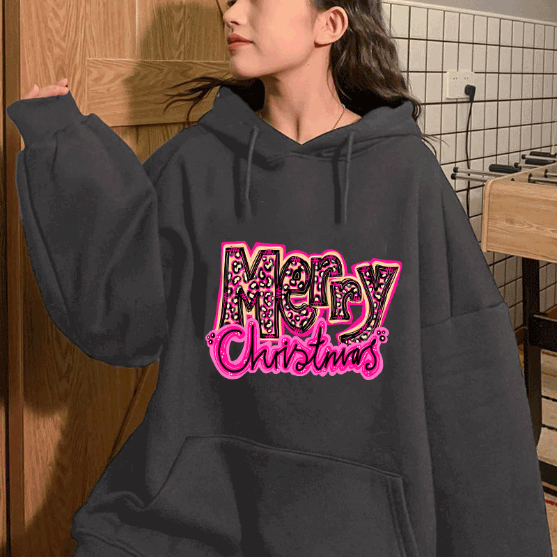 Autumn/Winter New Merry Christmas Printed Shoulder Down Large Hooded Fleece Hoodie dongdumaoyi