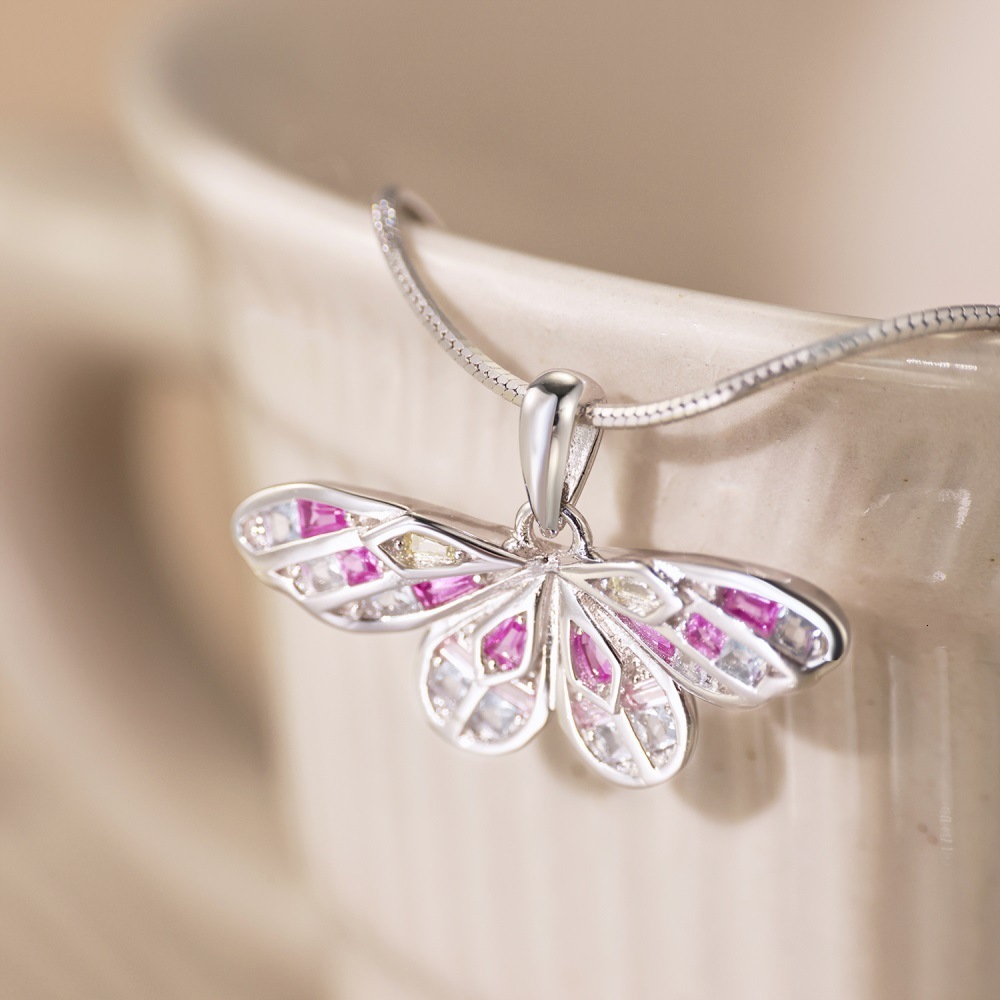 Japanese and Korean New S Pure Sier Necklace Butterfly Wings Inlaid with Colorful Zircon Design for Women's Item