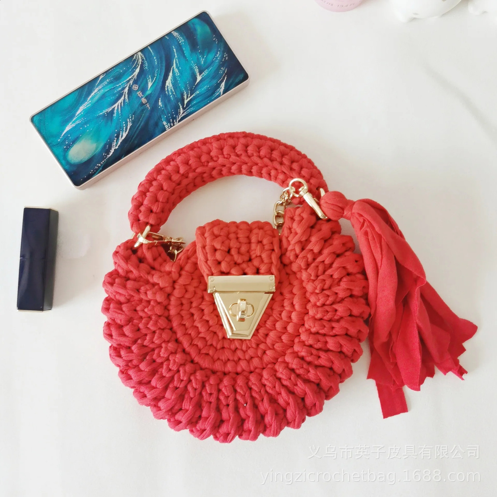 Womens Solid Color Fabric Crochet Bag Selg Circular Tassel Shoulder Diagonal Crossbags for Women er Handbag 240826 4