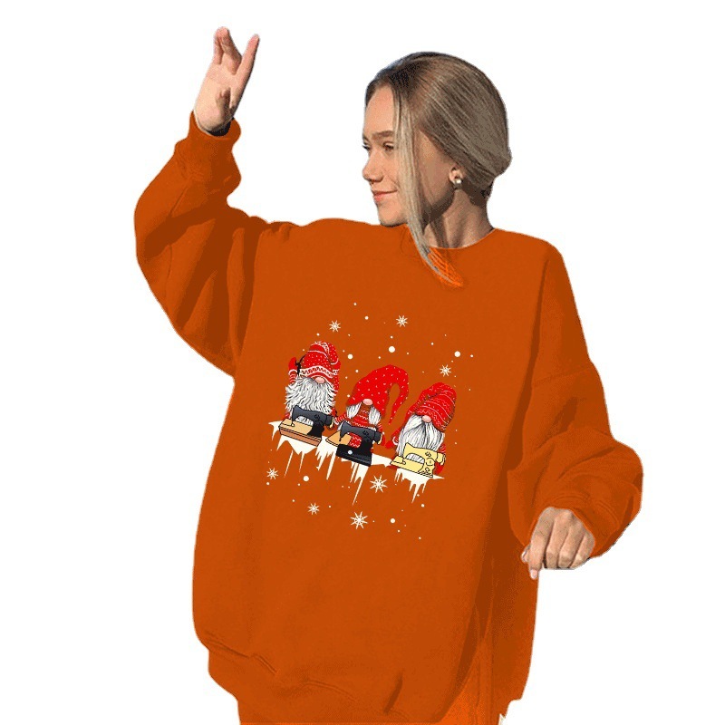 New Three Dwarfs Snowflake Print Shoulder Down Round Neck Fleece Hoodie Women's Top dongdumaoyi