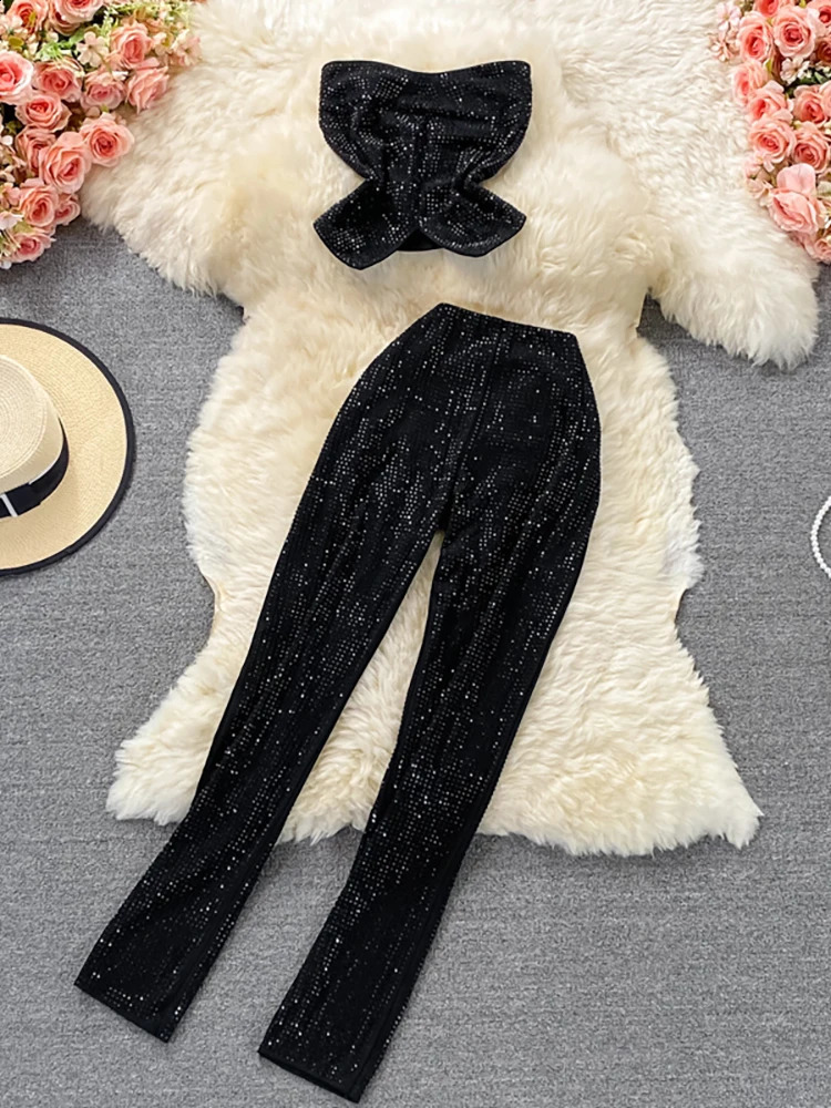 Sexy Women Black/White Diamonds Two Piece Set Party Slash Neck Off Shoulder Camis Tops High Waist Pants Female Suit Autumn 240826