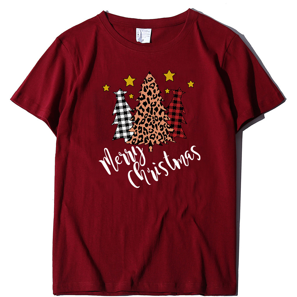 Autumn round neck cotton short sleeved three pine tree printed women's loose T-shirt fashionable casual style dongdumaoyi
