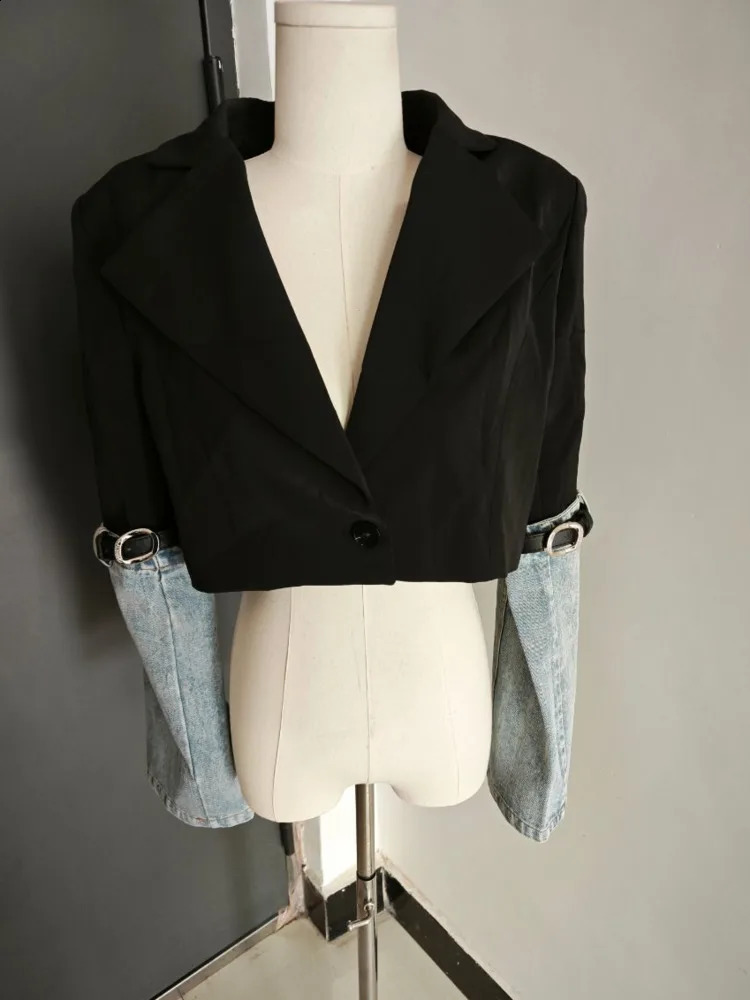 XIWEN Fashion Womens Denim Patchwork Blazer Notched Collar Single Button Long Sleeve Autumn Short Suit Jackets XF596 240826