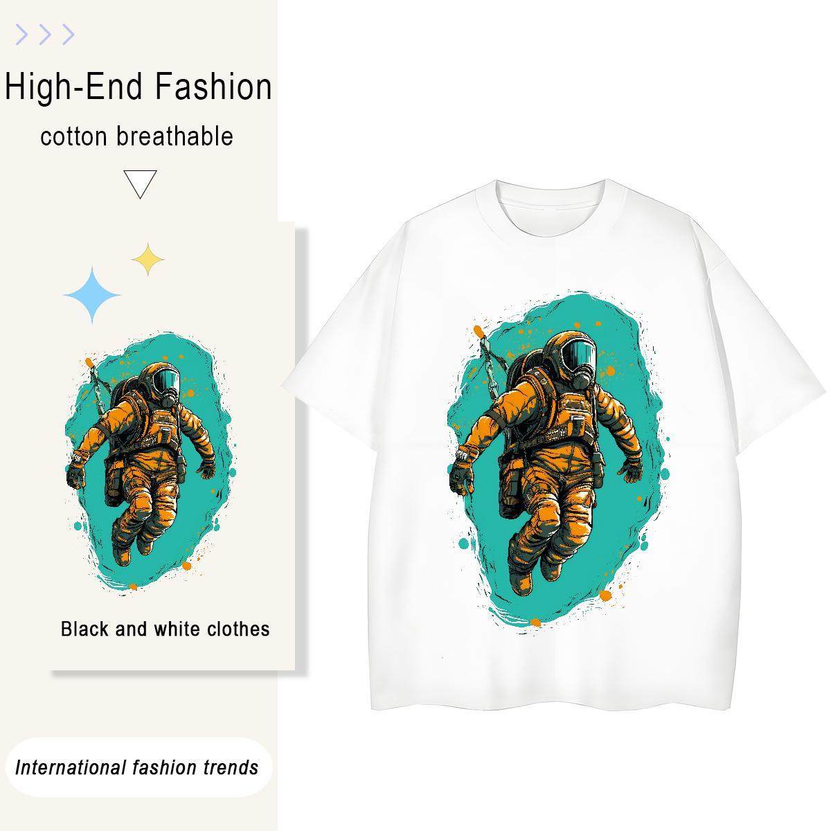 Loose Women Tees 230g Pure Cotton cosmonaut Casual Beach T-Shirts Short Sleeve O-Neck Cartoon Print Tops Shirt