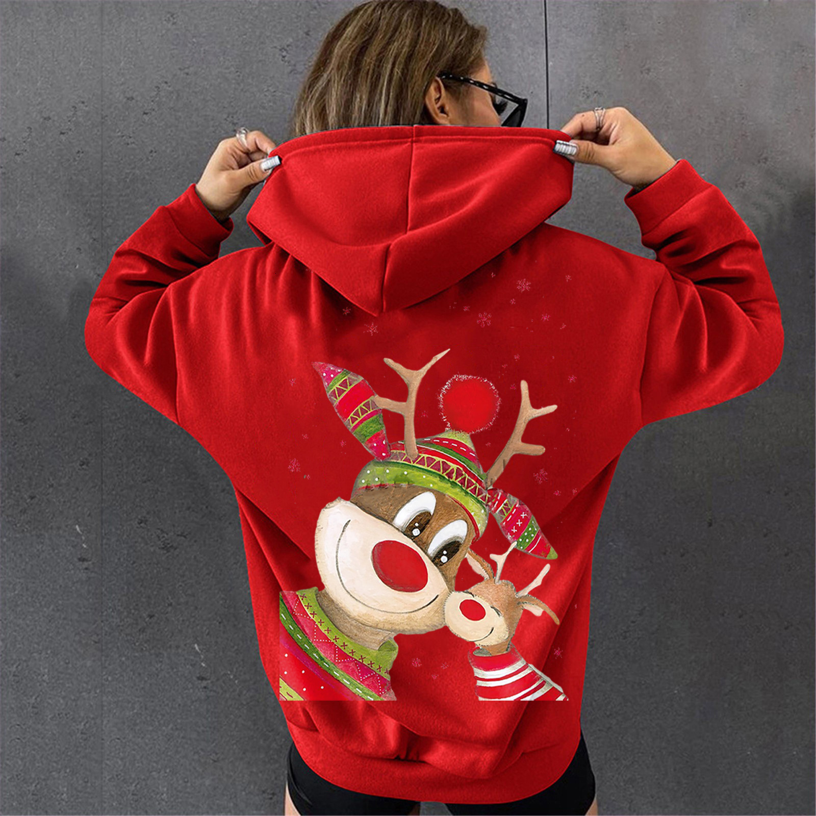 Women's hooded Christmas two deer print fleece sweatshirt, women's cotton jacket dongdumaoyi