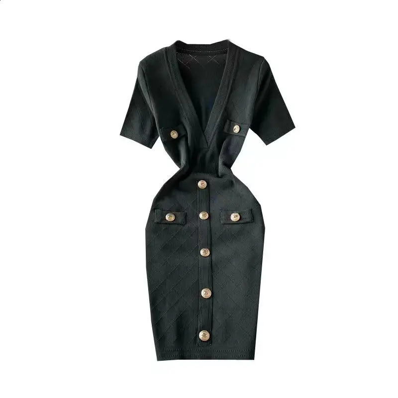 Lanjia- Womens Solid Deep Vneck Short Sleeve Elegant Aline Dress Springsummer Single Chest Office Knitted Wrap Hip Skirt 240826 976D4