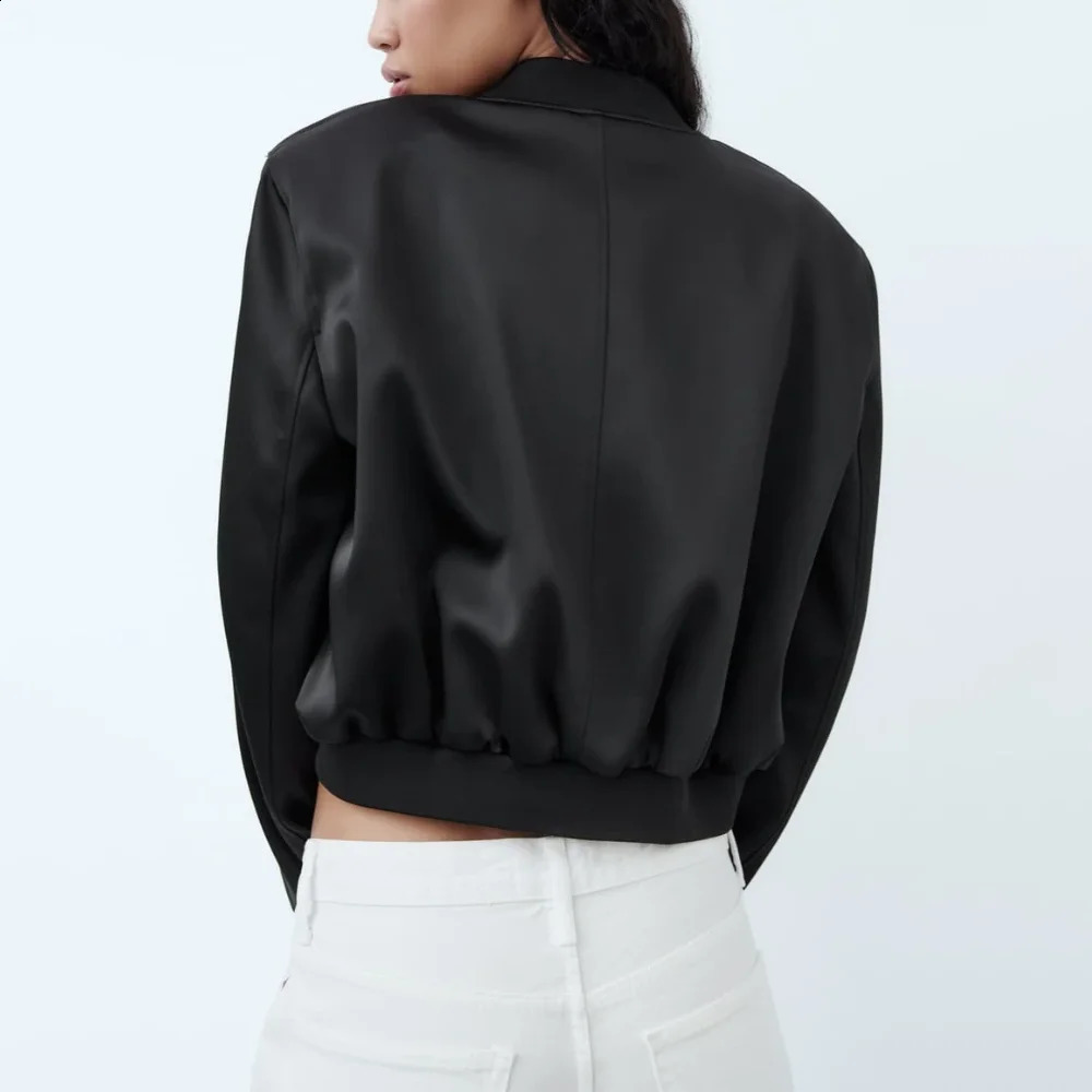 Womens Autumn Silk and Satin Texture Bomber Jacket Round Neck Long Sleeve Satin Bomber Jacket Womens Casual Jacket 240826