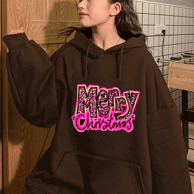 Autumn/Winter New Merry Christmas Printed Shoulder Down Large Hooded Fleece Hoodie dongdumaoyi