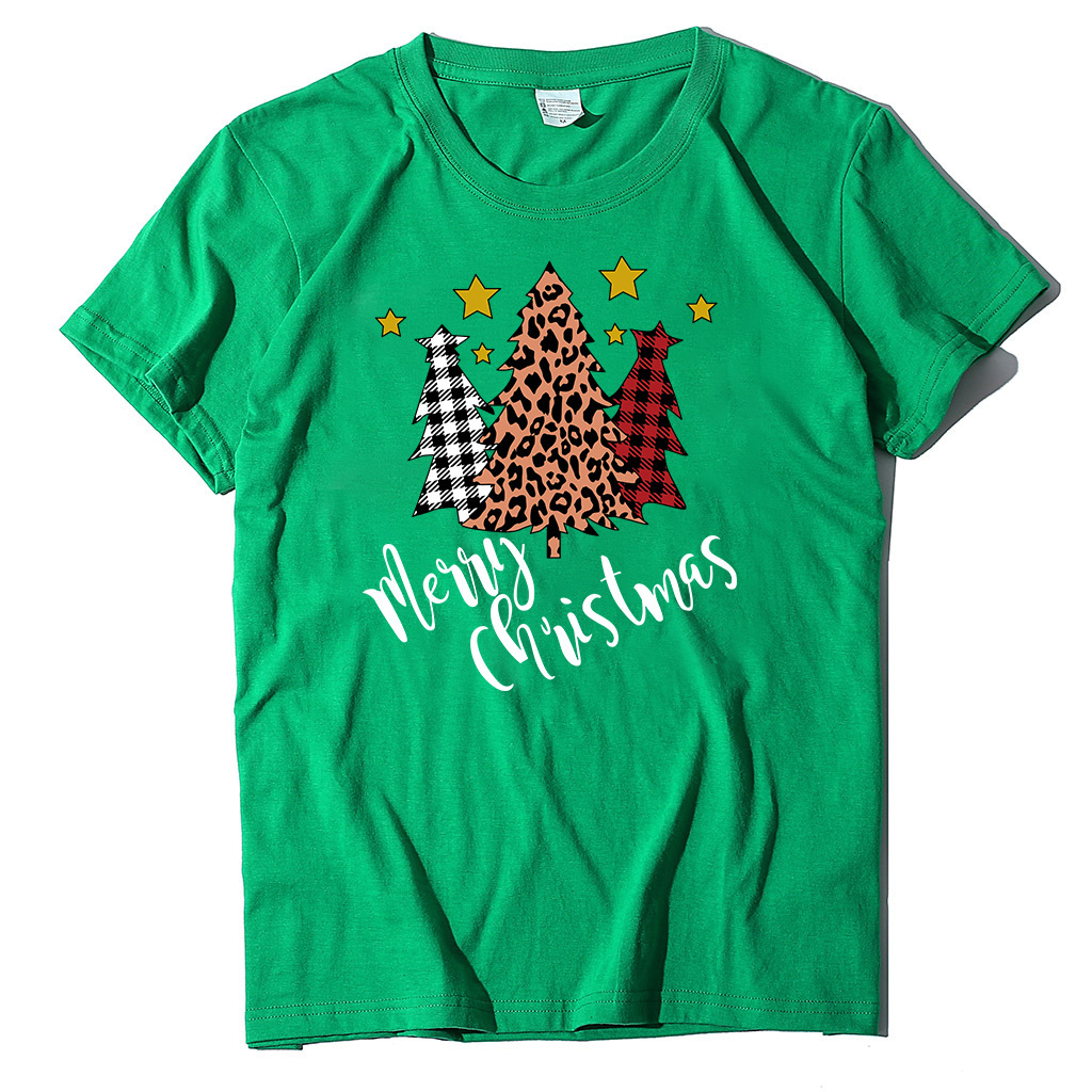 Autumn round neck cotton short sleeved three pine tree printed women's loose T-shirt fashionable casual style dongdumaoyi