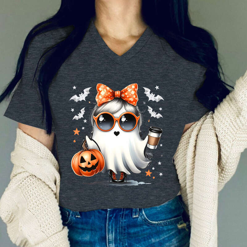 Graphic T Shirts Women Pumpkin Coffee Lovers T-shirt Fashion Ghost Print Woman Funny Halloween Casual T-shirts