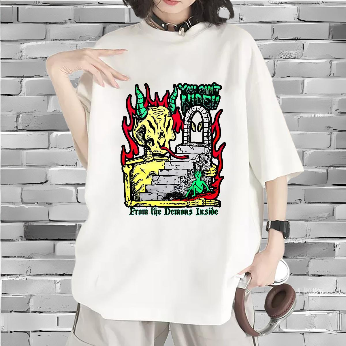 Nice Woman Tshirt 230g Pure Cotton demon Hip Hop Street Women T Shirts Round Neck Short Sleeve Skull Clothes