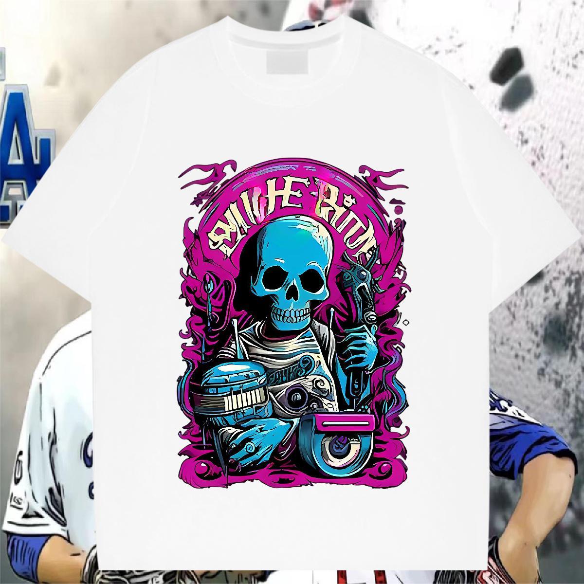 Wholesale T Shirts Men 230g Cotton skull Casual Beach Customized Print Pure Cotton Tshirt for Man Woman Casual New Top Tees