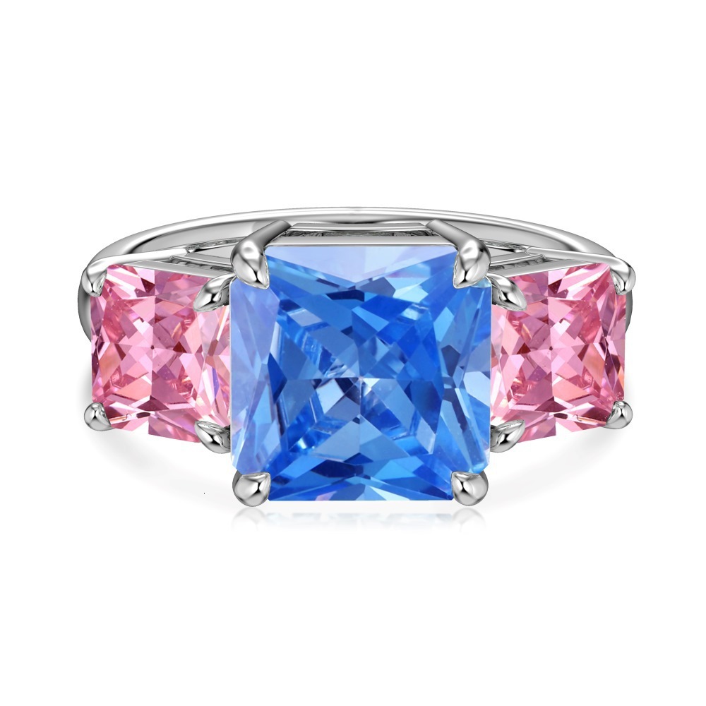 S pure sier ring, women's high-end feeg, blue pink ice wer cut zircon fashionable geometric heart ring